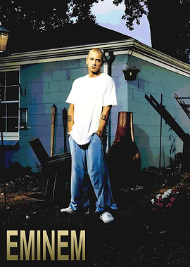 Eminem standing in front of a house