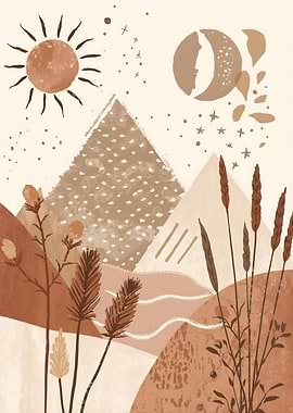 Boho Landscape with Sun and Moon