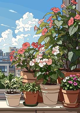 Balcony Garden with Flowers and City View