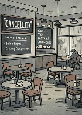 Cafe with 'Cancelled' sign and sad specials