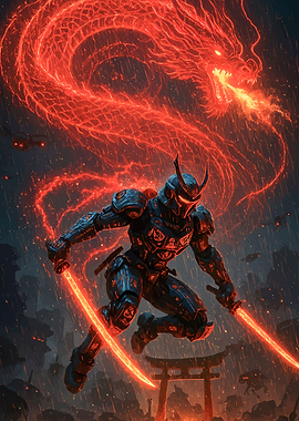 Cyberpunk Samurai vs. Fire Dragon