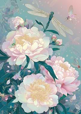 Dragonfly and Peonies