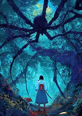 Samurai facing a giant spider in a forest