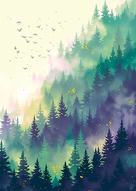 Misty Forest with Birds