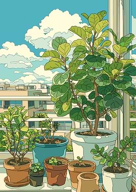 Potted plants on a balcony with city view