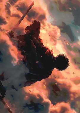Samurai falling amidst fire