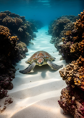 Sea Turtle in Coral Reef Channel