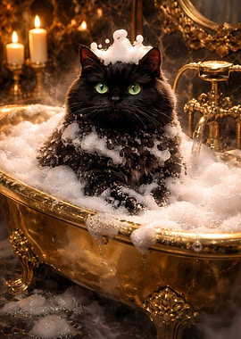 Chubby Black Cat Bathing with Soap Foam Crown Art