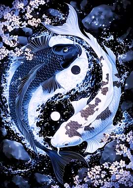Yin Yang Koi Fish with Cherry Blossoms