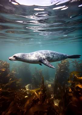Seal swimming in kelp forest
