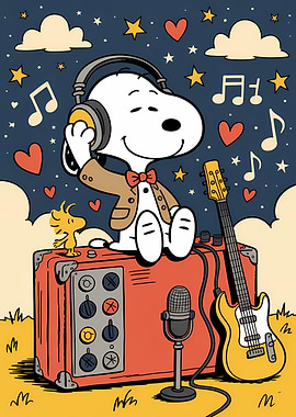 Snoopy Listening to Music with Woodstock