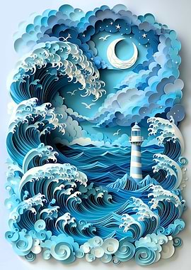 Papercraft Lighthouse in Stormy Seas