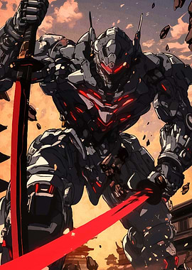 Giant Mech with Glowing Red Sword