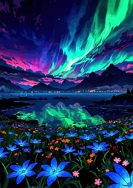 Aurora Borealis over a Flower Field