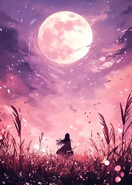 Girl in a field under a pink moon