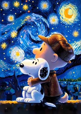 Charlie Brown and Snoopy under Starry Night