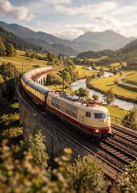 Train crossing a viaduct in the Alps