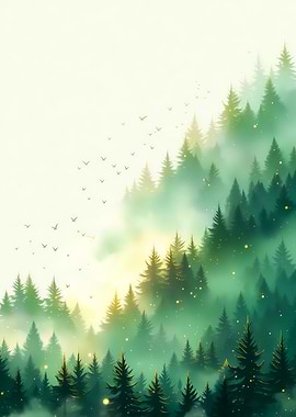 Misty Forest with Birds and Light