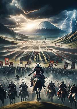 Samurai Army Facing Mount Fuji Stormy Skies