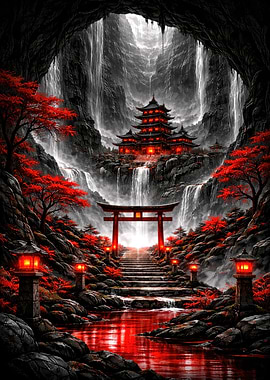 Mystical Japanese Temple with Waterfalls