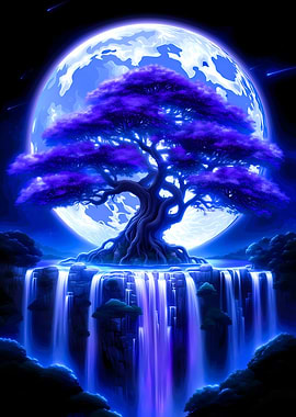 Tree Waterfall Under Blue Moon
