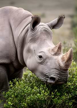 White Rhinoceros Eating Green Bushes