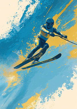 Skier in mid-air with abstract background