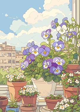Potted Pansies on a Balcony