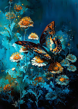 Butterfly on Blue and Orange Flowers