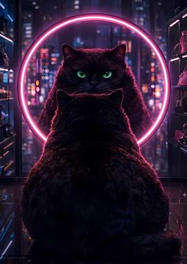 Black Cat Face Mirror Reflection Neon Futuristic Lights