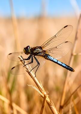 Dragonfly on dry grass