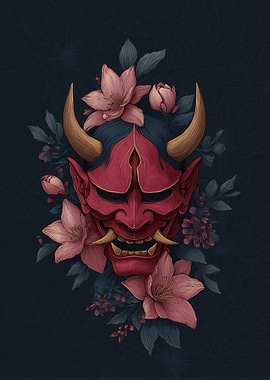 Red Oni Mask with Pink Flowers