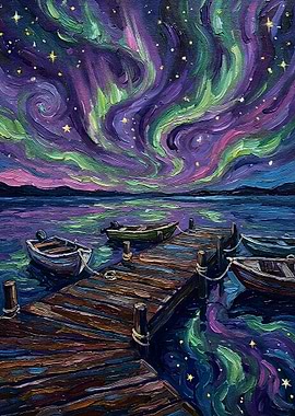 Aurora Borealis Over Docked Boats