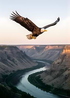 Bald Eagle Soars Over Canyon River