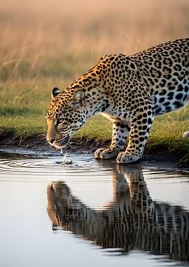 Leopard drinking water at sunset