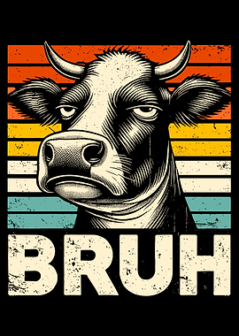 Bruh Cow Poster, Retro Sunset Cow Art, Funny Sarcastic Farm Animal Wall Print