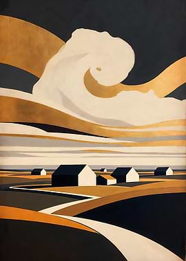 Stylized Landscape with Houses and Swirling Sky