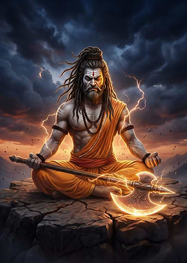 Meditating Warrior with Glowing Axe