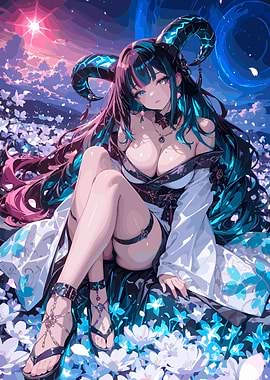 Anime Demon Girl in Floral Setting