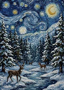 Starry Night Winter Forest with Deer