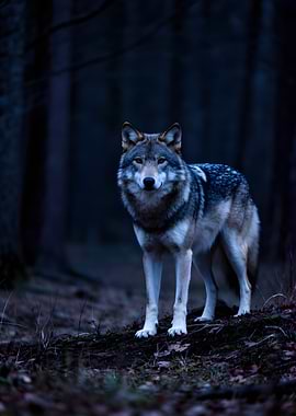Wolf standing in dark forest