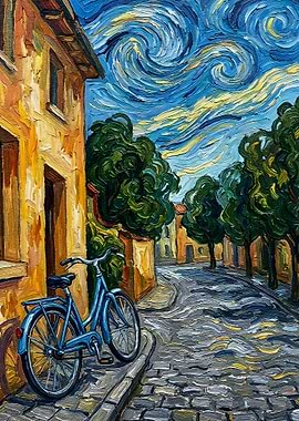 Blue Bicycle on Cobblestone Street