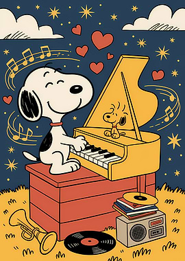 Snoopy Playing Piano with Woodstock