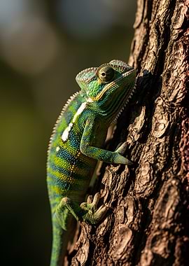 Chameleon on a Tree Trunk
