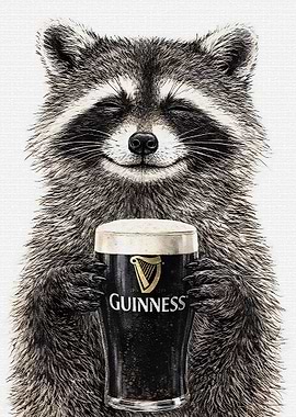 Raccoon holding a Guinness beer