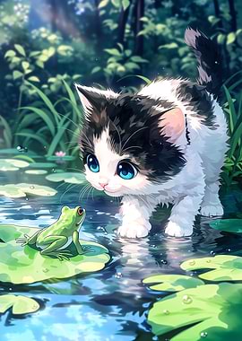 Kitten and Frog in a Pond