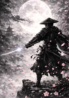 Samurai Warrior Under the Full Moon