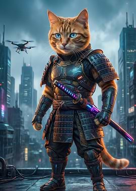 Cyberpunk Cat Samurai with Drone