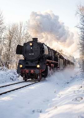 Steam Train in Snowy Landscape