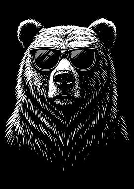 Cool Bear Poster, Black and White Bear with Sunglasses, Edgy Animal Wall Art Print